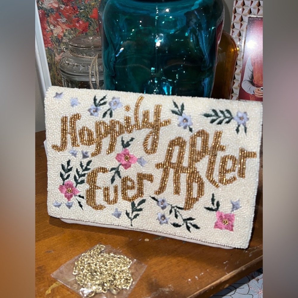 Ivory beaded “Happily ever after” wedding clutch with gold detachable strap.